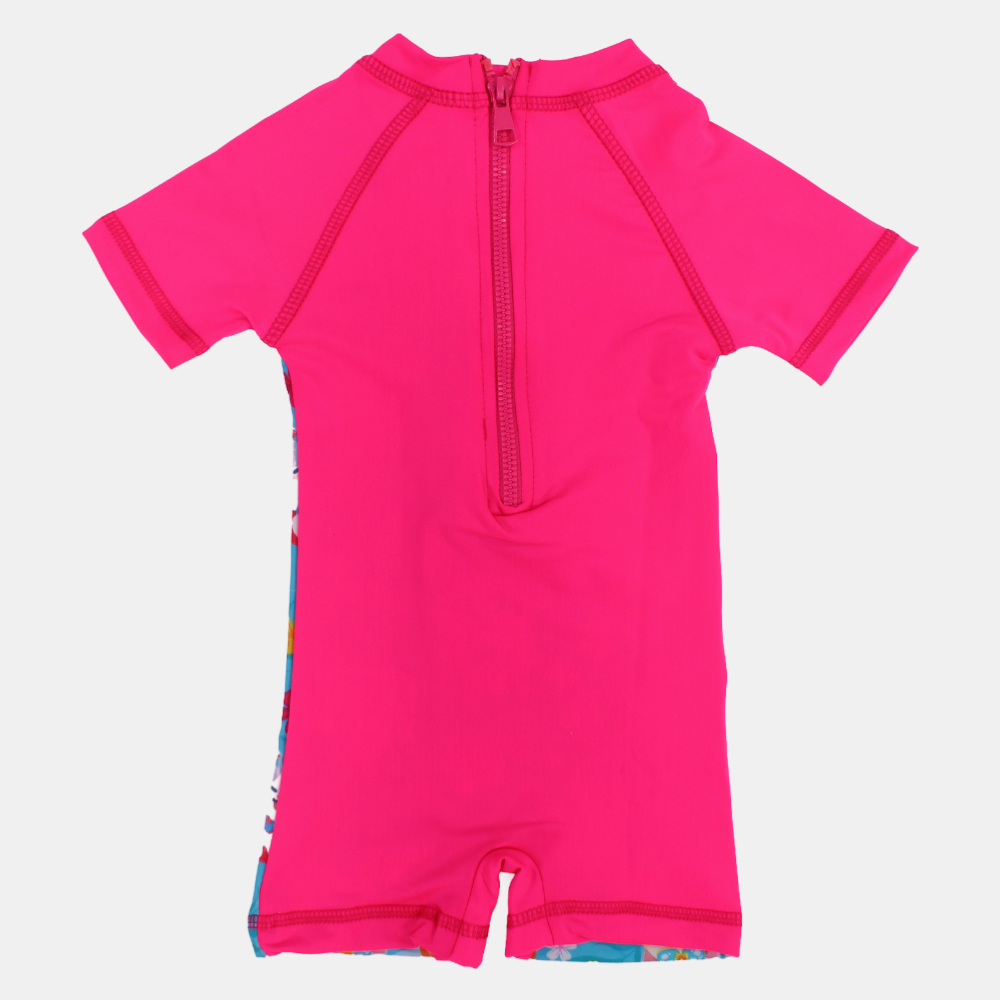BABY Girls Swimsuit Overall Fuchsia Cat & Flower Design