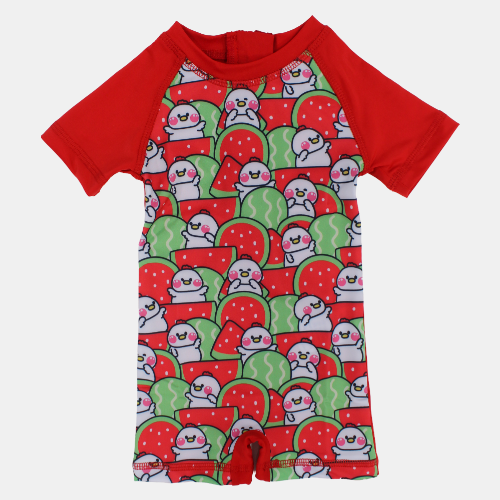 Baby Girls Swimsuit Overall, Polyester – Red with Chick and Watermelon Design