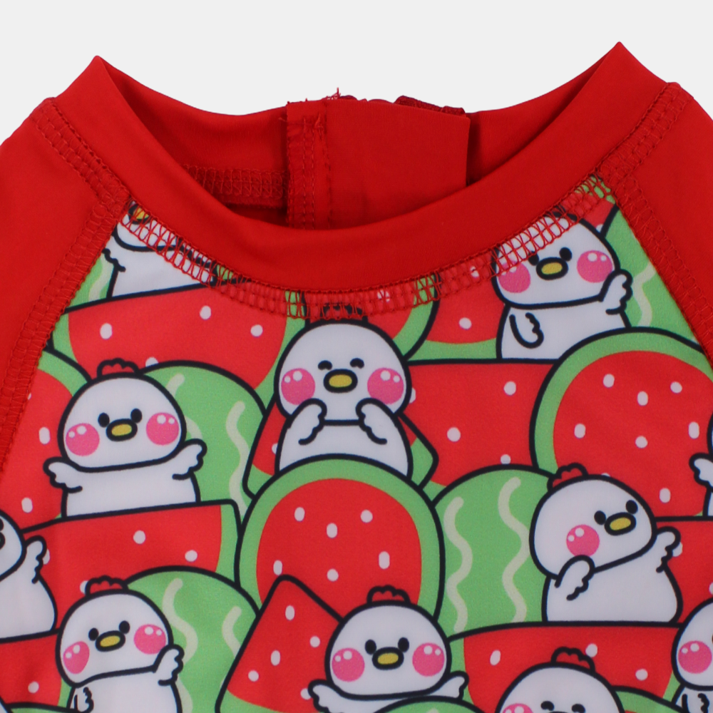 Baby Girls Swimsuit Overall, Polyester – Red with Chick and Watermelon Design