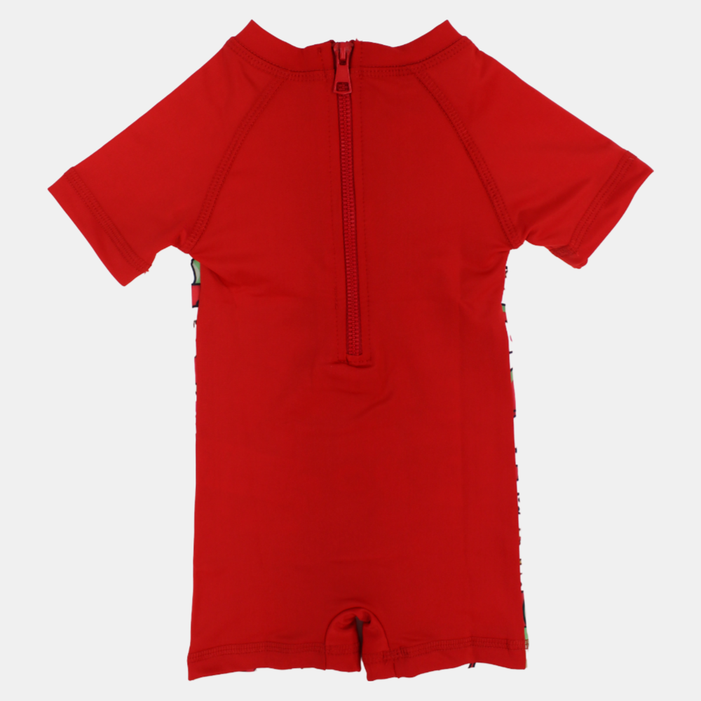 Baby Girls Swimsuit Overall, Polyester – Red with Chick and Watermelon Design