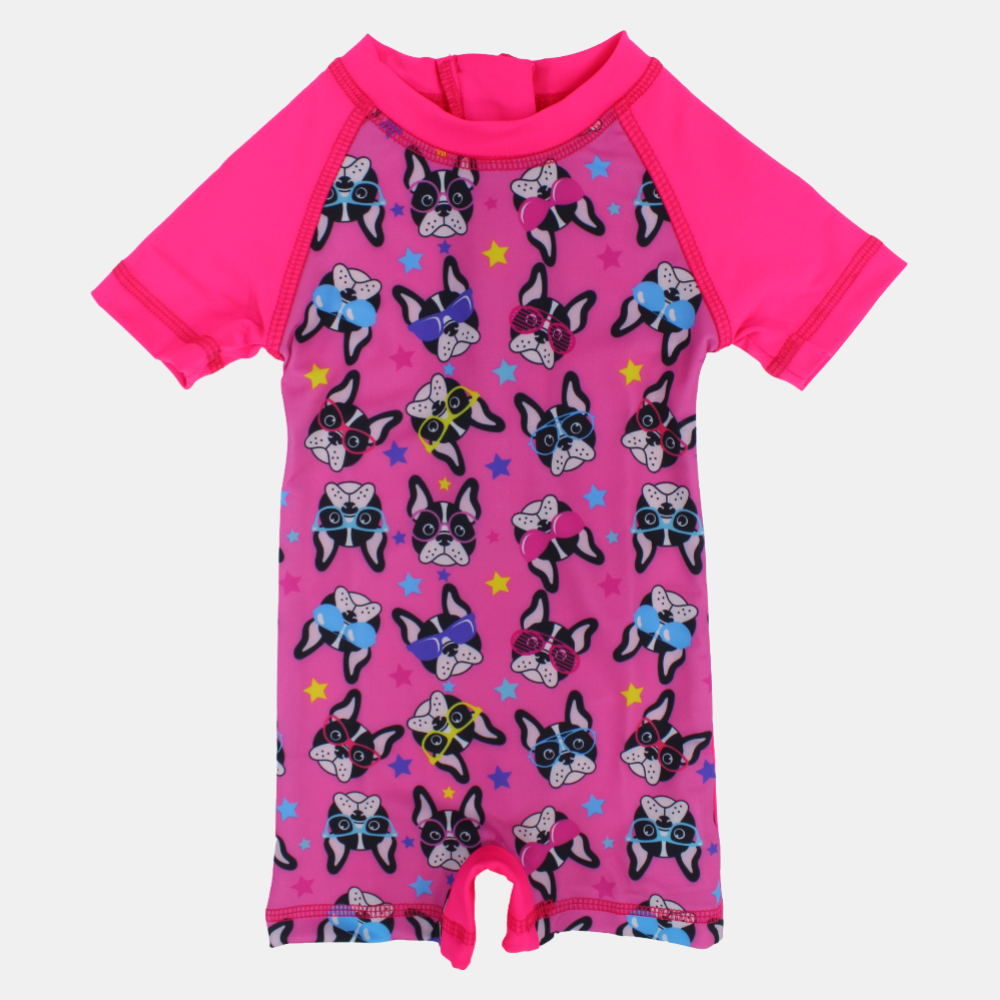 Baby Girls Swimsuit Overall, Polyester – Fuchsia with Dogs Design