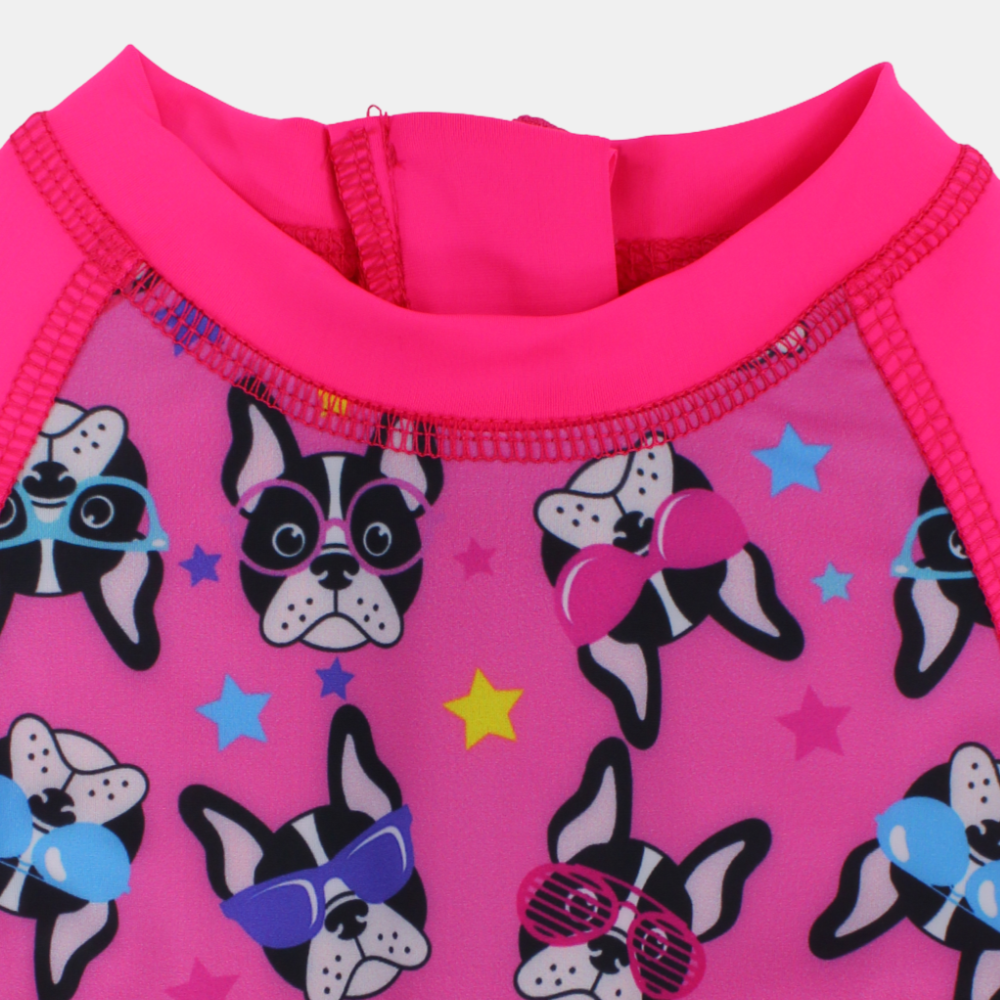 Baby Girls Swimsuit Overall, Polyester – Fuchsia with Dogs Design