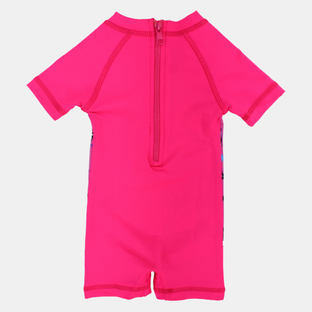 Baby Girls Swimsuit Overall, Polyester – Fuchsia with Dogs Design