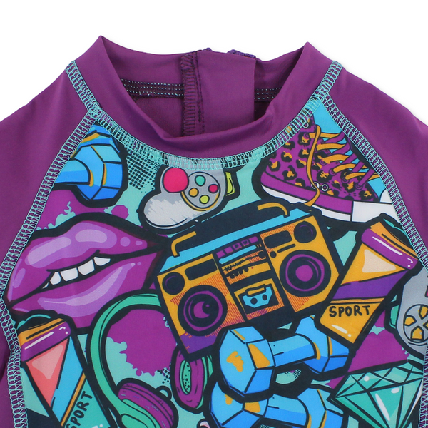 Girls Swimsuit Overall – Purple with Pop Art & Doodle Print