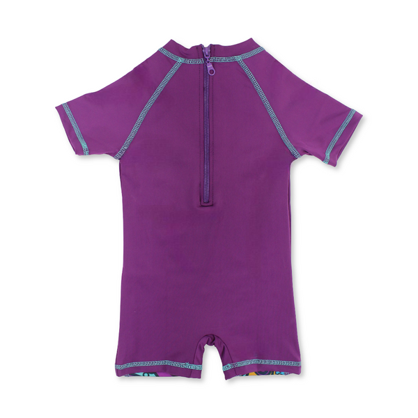 Girls Swimsuit Overall – Purple with Pop Art & Doodle Print