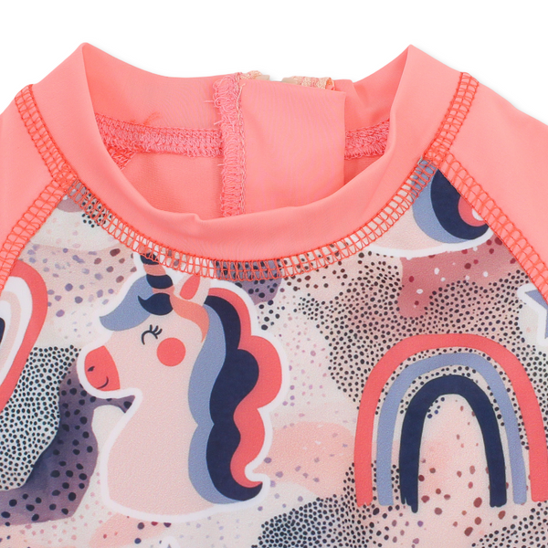 Girls Swimsuit Overall – Salmon with Unicorn Print