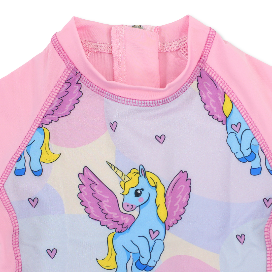 Girls Swimsuit Overall – Pink with Unicorn Print