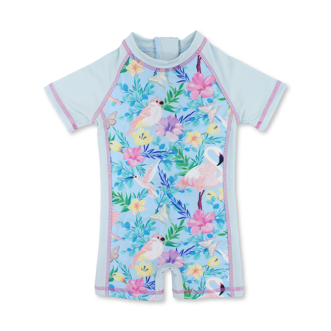 Girls Swimsuit Overall – Aqua with Flowers & Birds Print