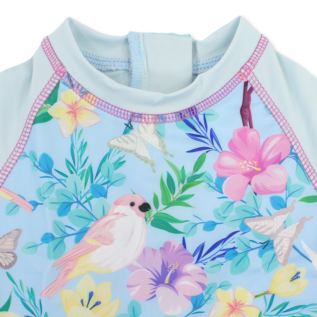 Girls Swimsuit Overall – Aqua with Flowers & Birds Print