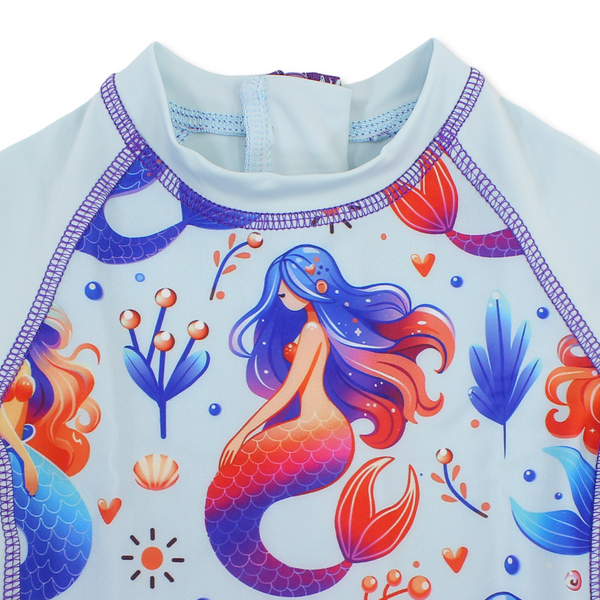Girls Swimsuit Overall – Aqua with Mermaid Print