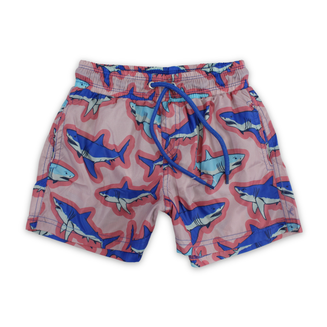 Boys Swim Trunks – Dusty Pink with Shark Print - Clothing - I.Wear