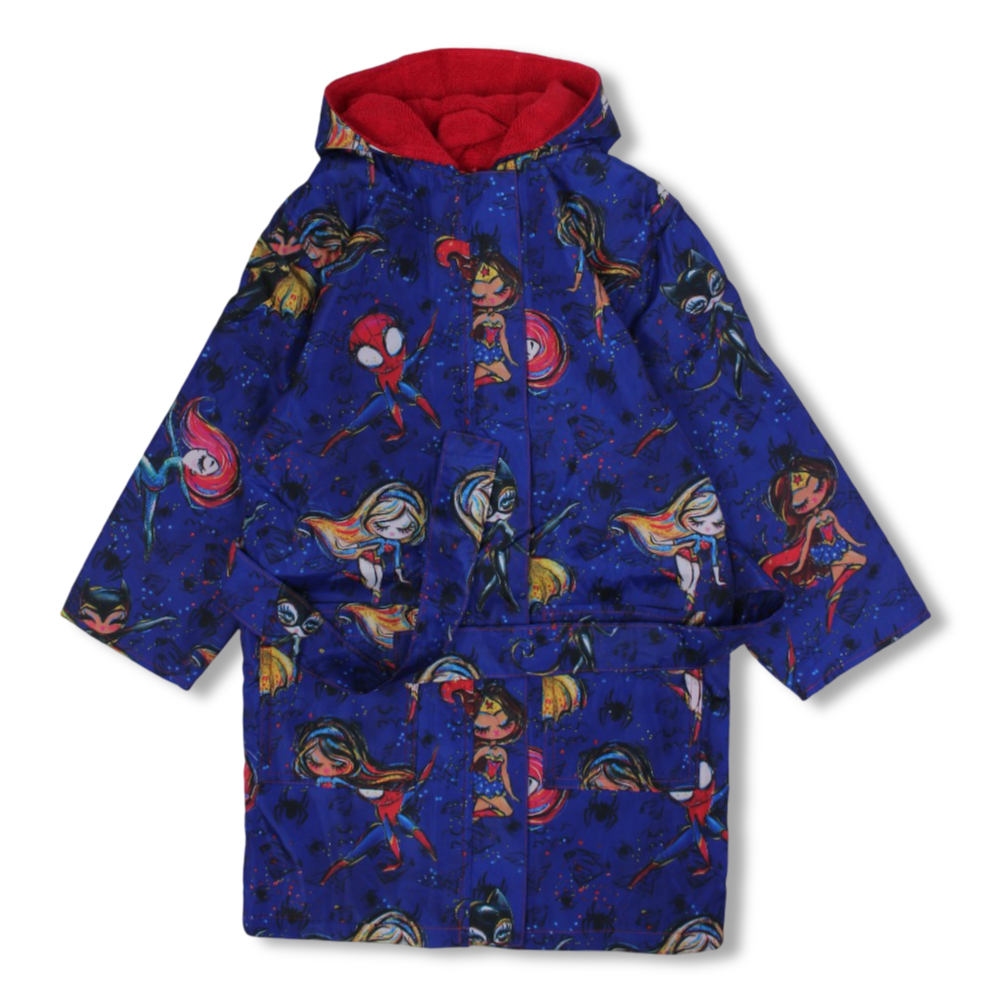 Girls Waterproof Swim Robe - Blue with Super Heroes Print