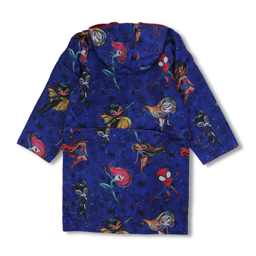 Girls Waterproof Swim Robe - Blue with Super Heroes Print
