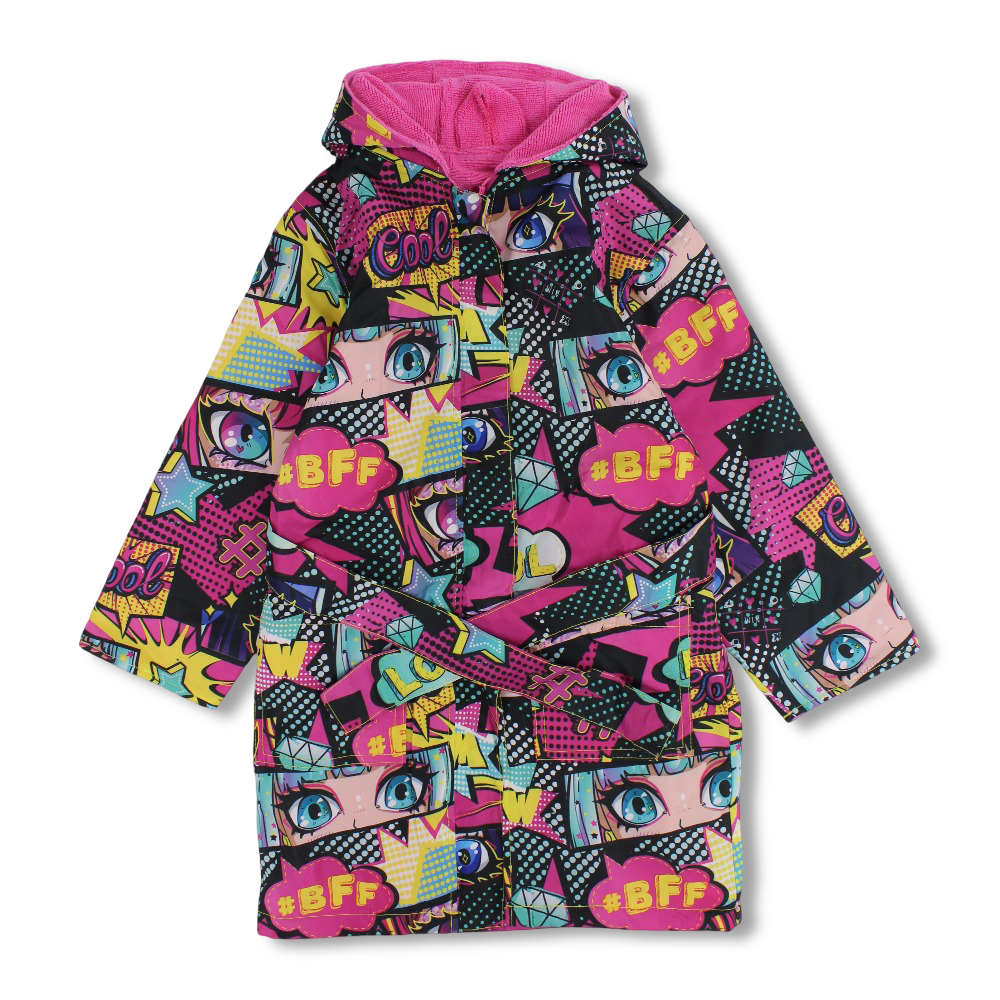 Girls Waterproof Swim Robe – Fuchsia with Anime Design