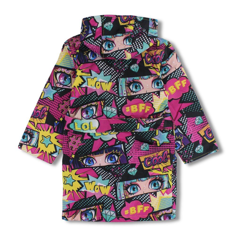 Girls Waterproof Swim Robe – Fuchsia with Anime Design