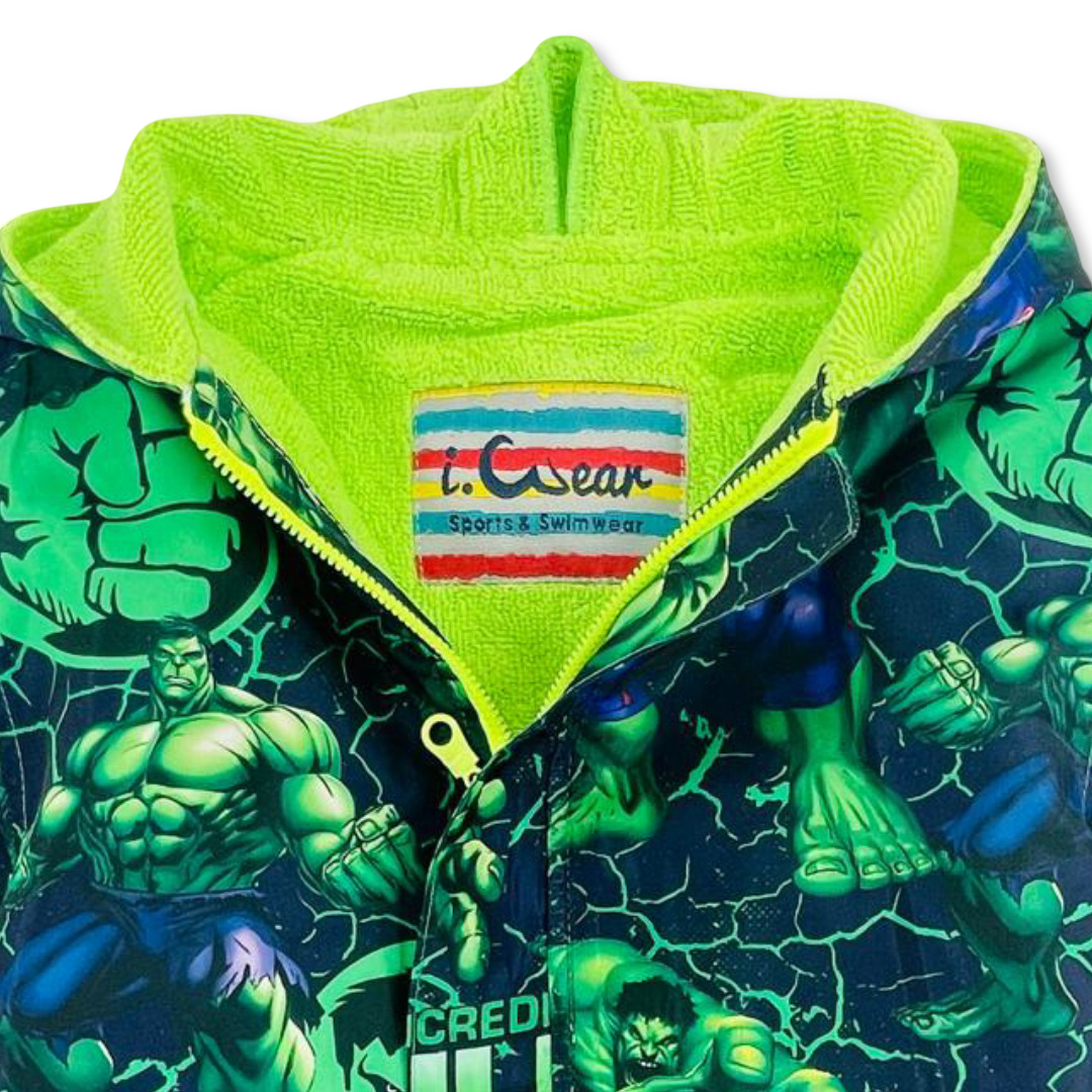 Boys Waterproof Swim Robe – Green with Hulk Print