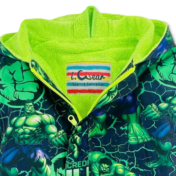 Boys Waterproof Swim Robe – Green with Hulk Print