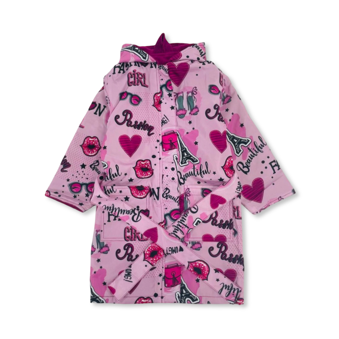 Girls Waterproof Swim Robe – Pink with Fashion Girl Print