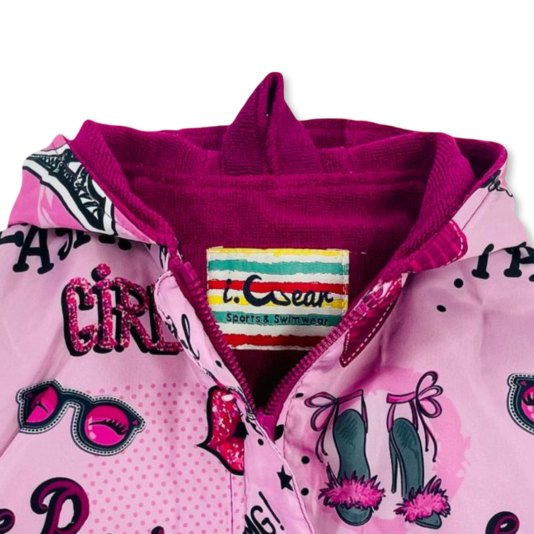 Girls Waterproof Swim Robe – Pink with Fashion Girl Print