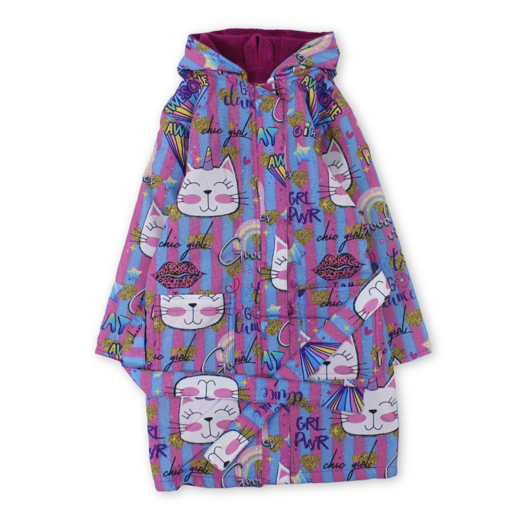 Baby Girls Waterproof Swim Robe – Multicolor with Cat Print - Clothing - I.Wear