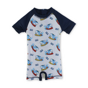 Baby Boys Sunsuit One-Piece – Navy with Shark Print