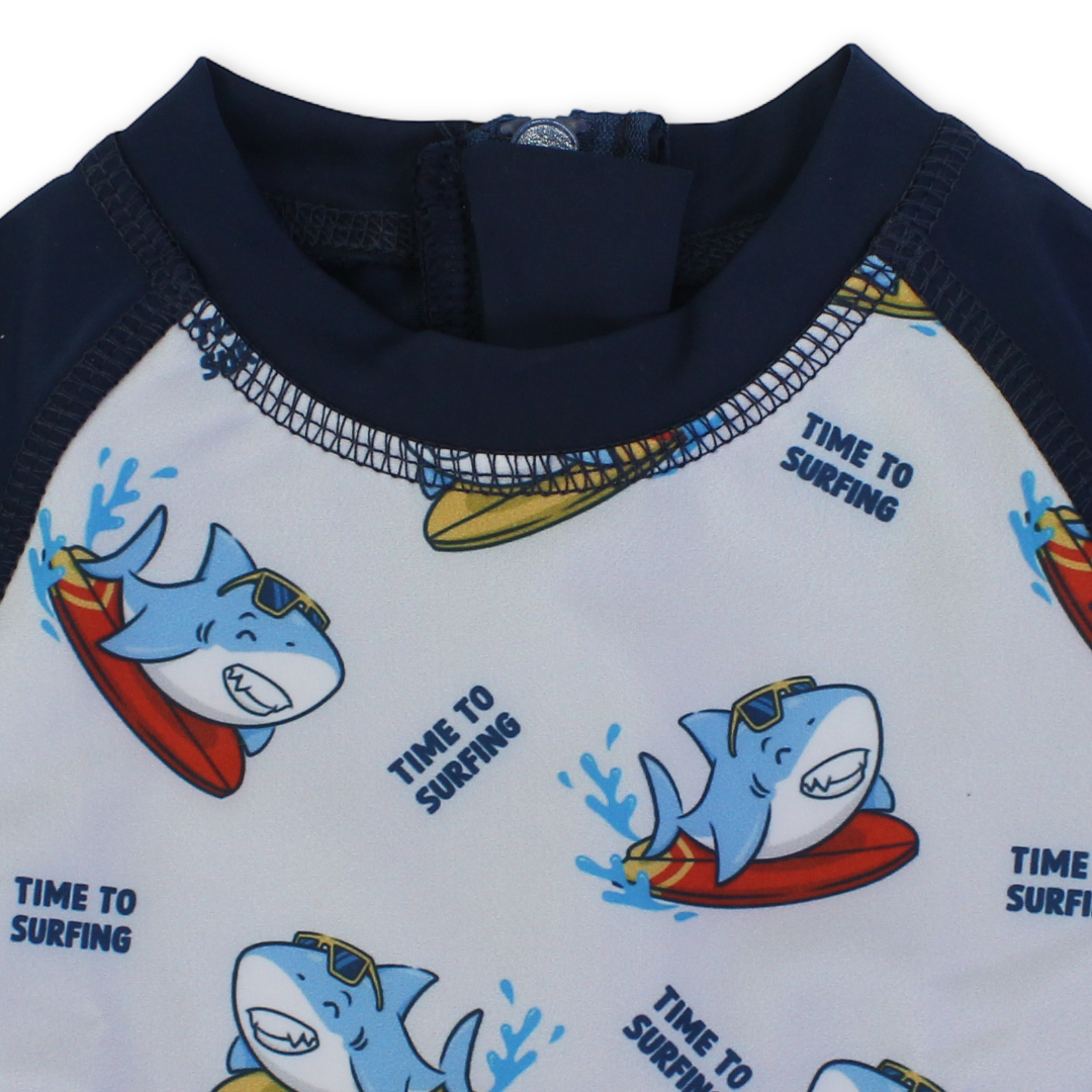 Baby Boys Sunsuit One-Piece – Navy with Shark Print