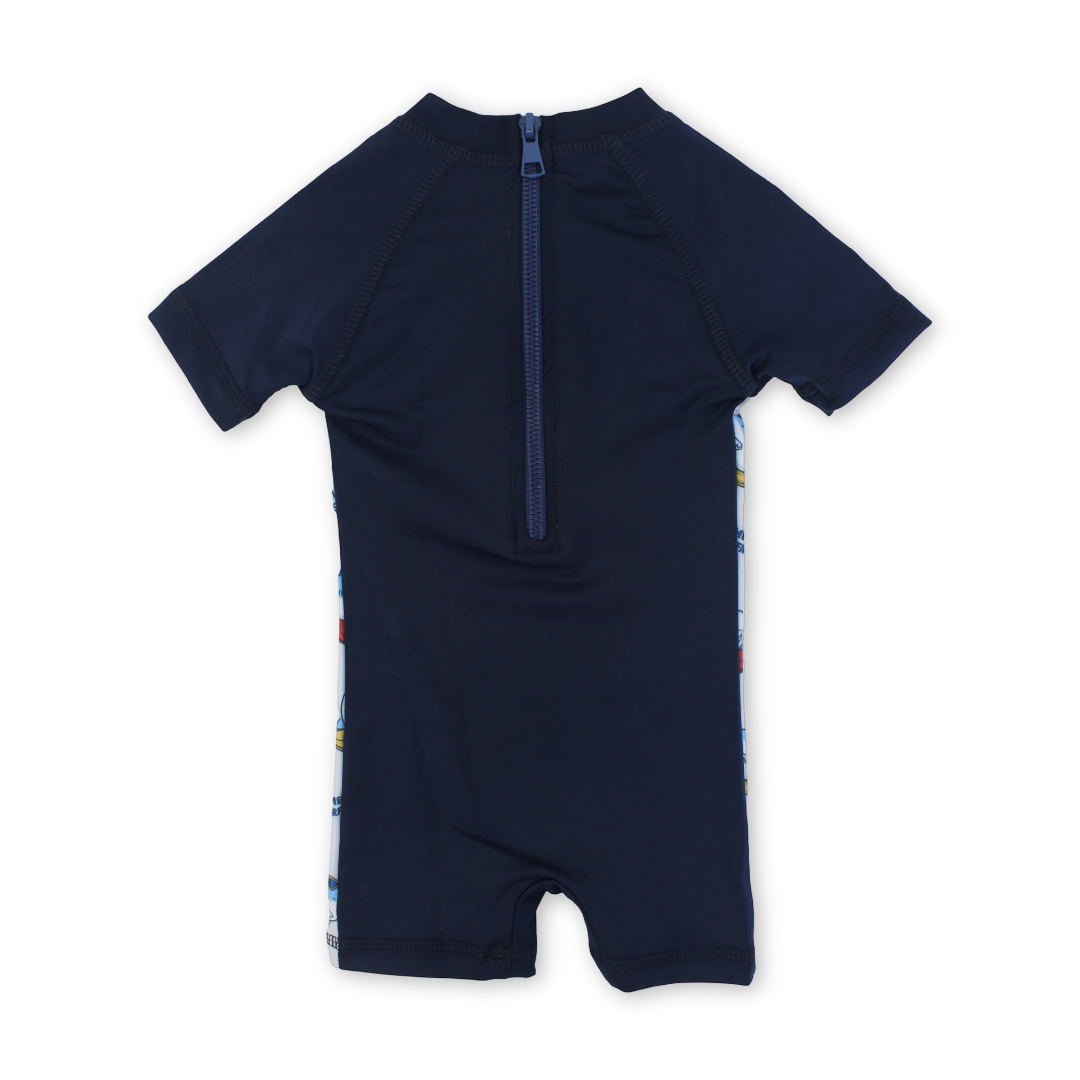 Baby Boys Sunsuit One-Piece – Navy with Shark Print