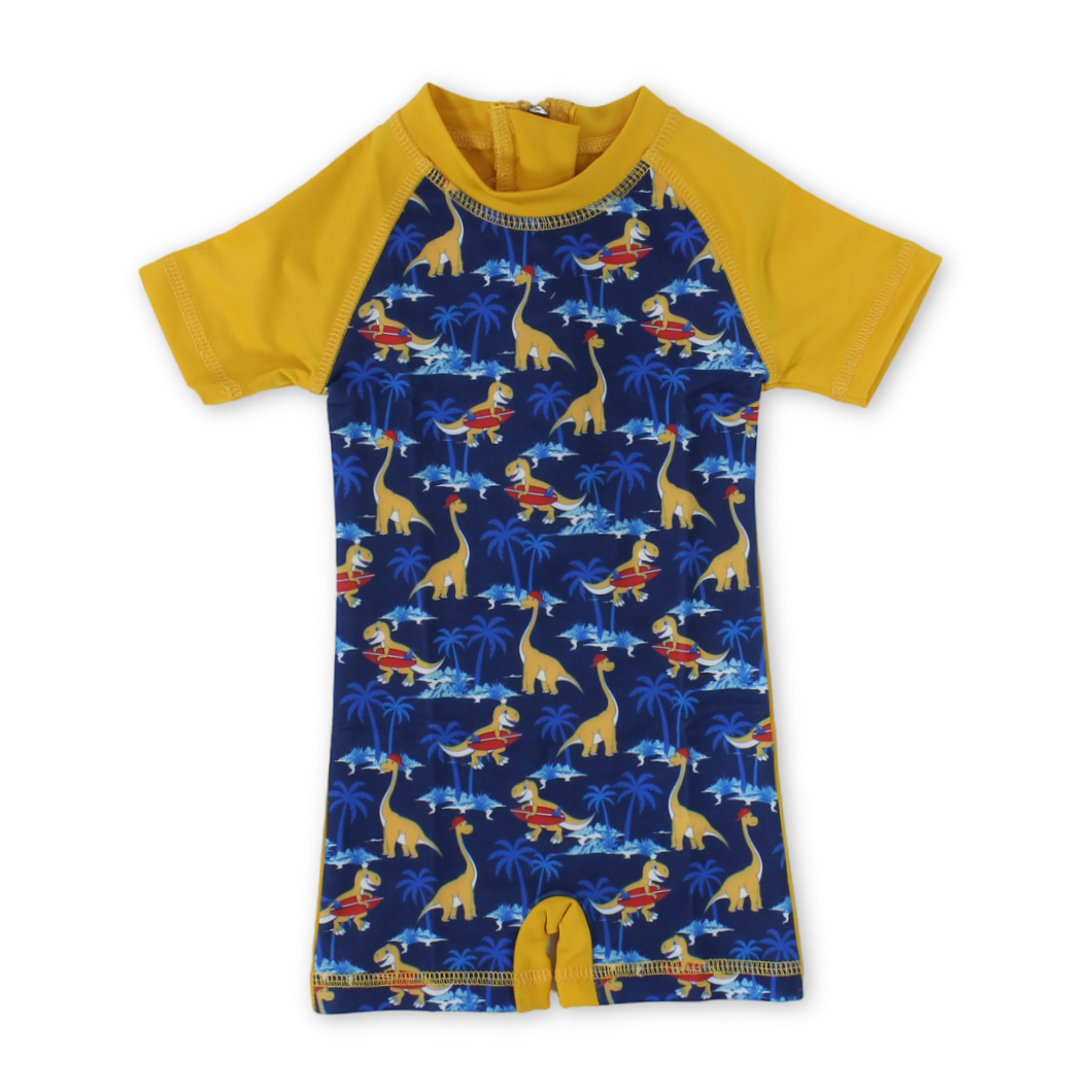 Baby Boys Sunsuit One-Piece – Mustard with Dino Print - Clothing - I.Wear