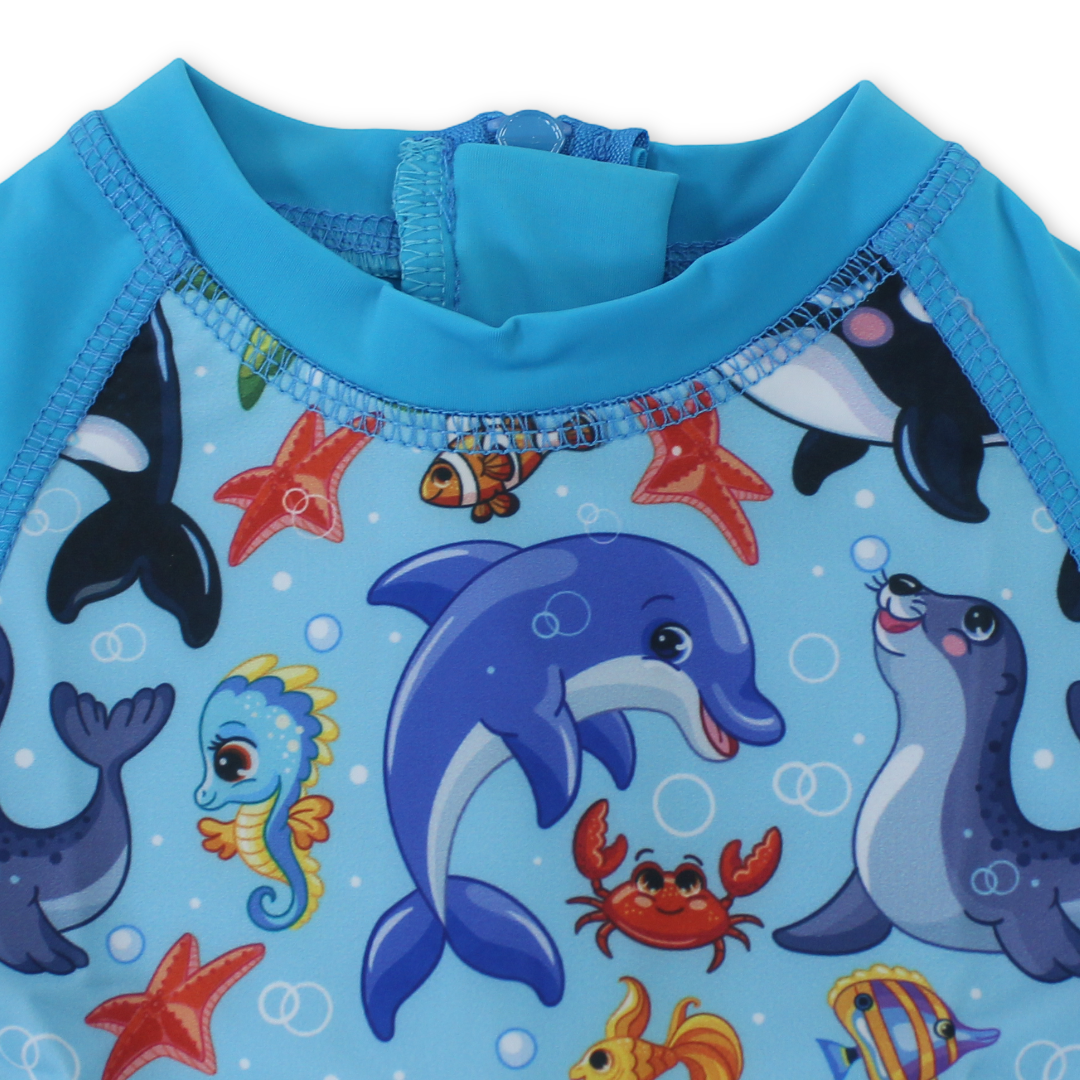 Baby Boys Sunsuit One-Piece – Turquoise with Marine Creatures Print