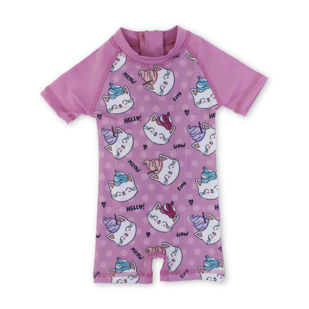 Baby Girls Sunsuit One-Piece – Pink with Cats & Ice Cream Print - Clothing - I.Wear