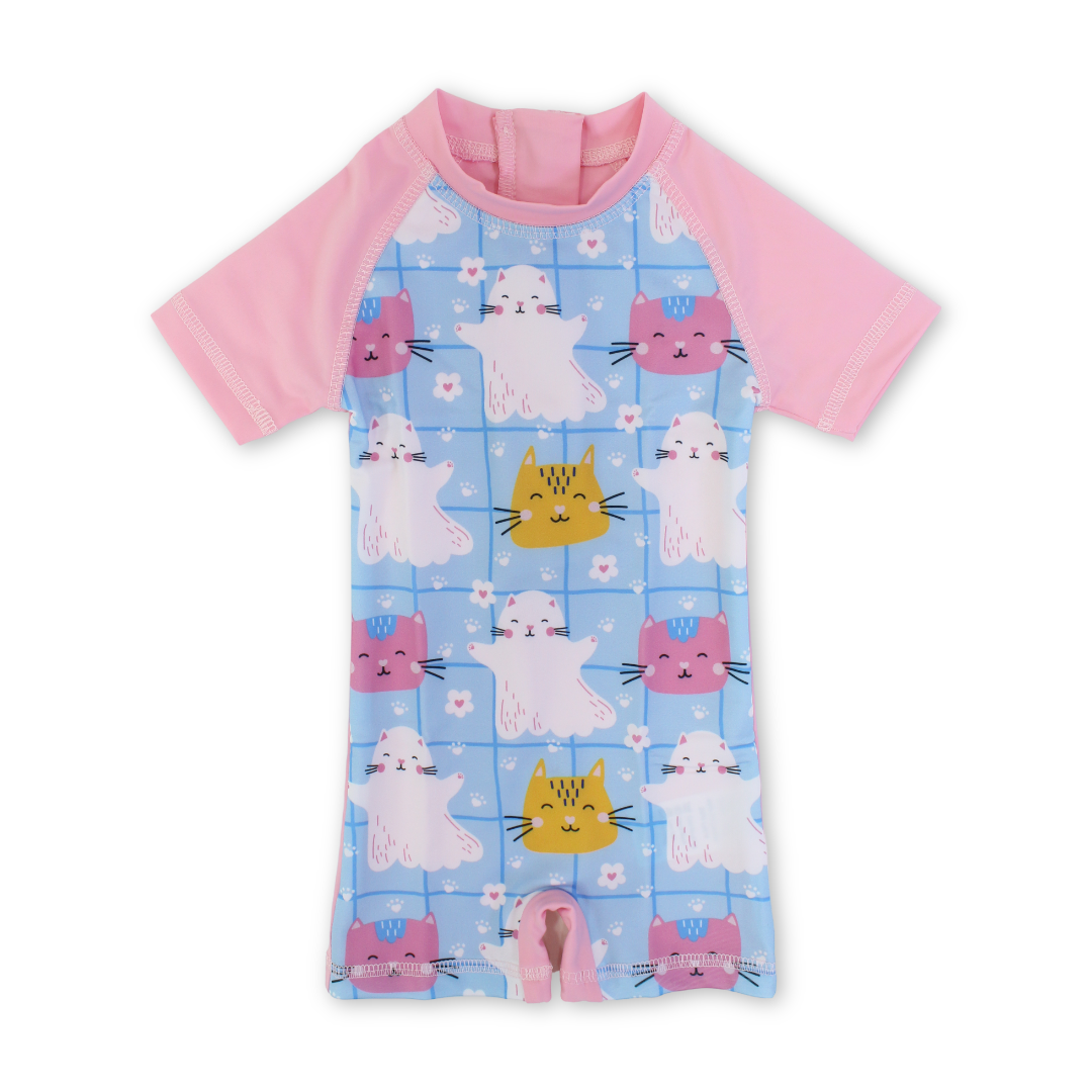 Baby Girls Sunsuit One-Piece – Pink with Cats & Flowers Print