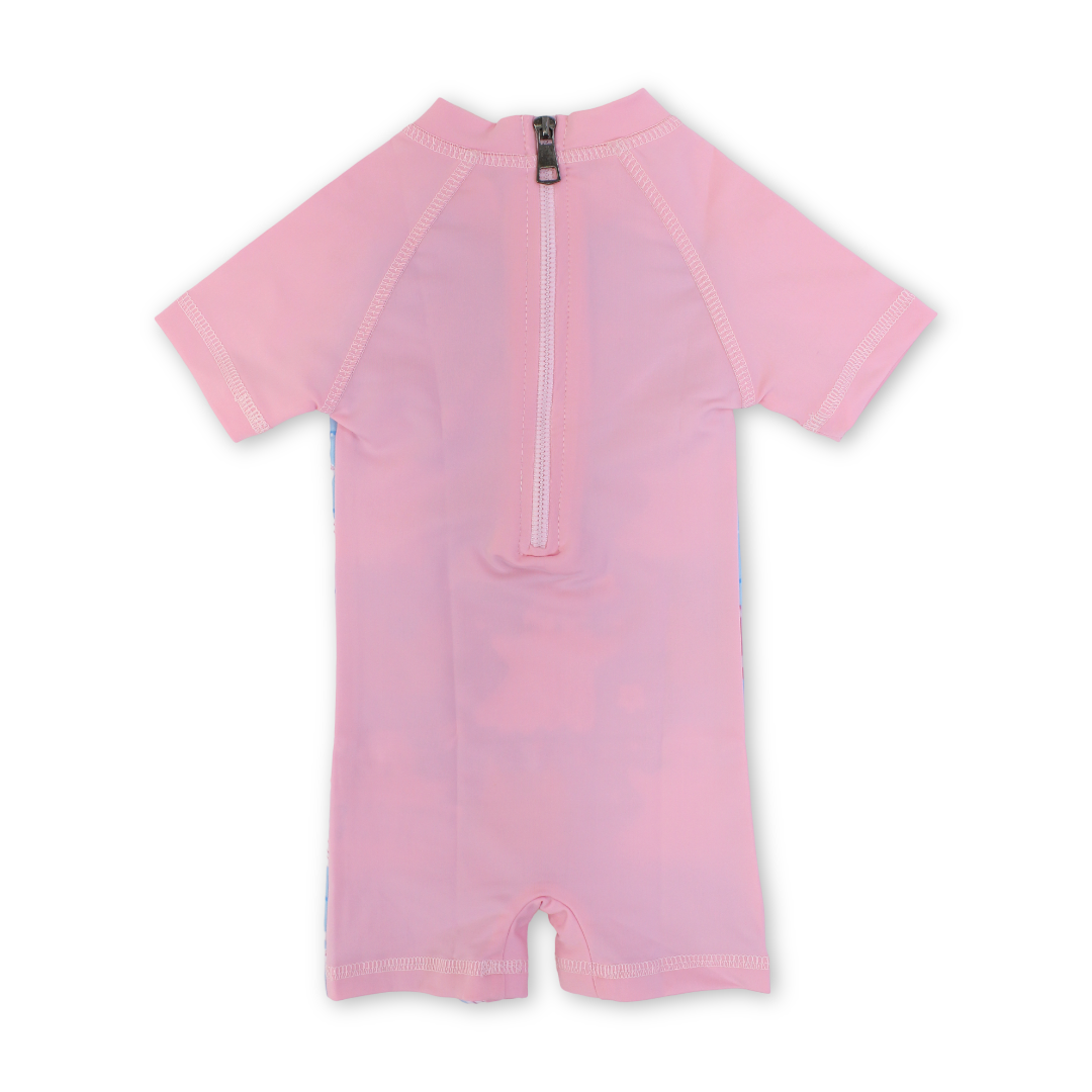 Baby Girls Sunsuit One-Piece – Pink with Cats & Flowers Print