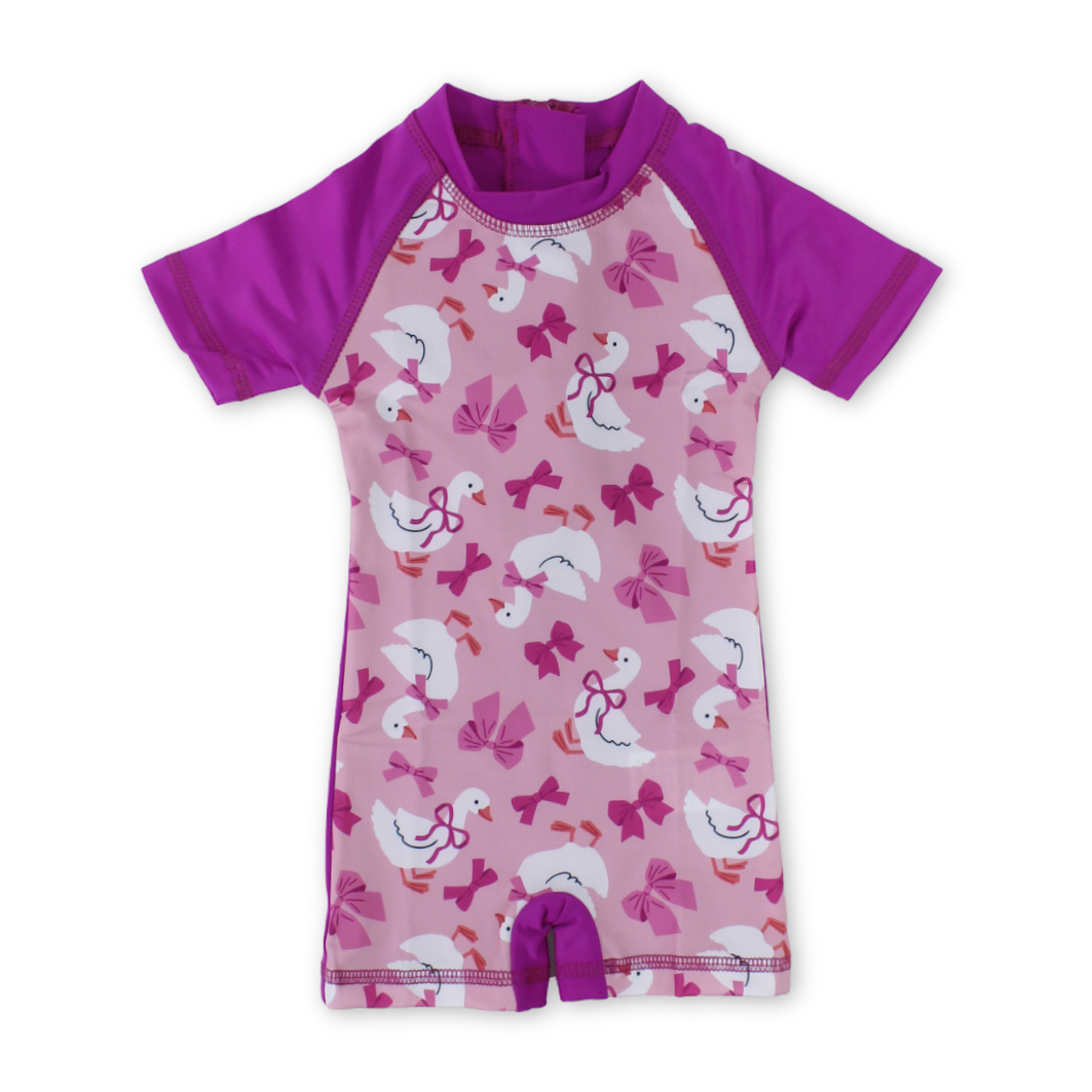 Baby Girls Sunsuit One-Piece – Fuchsia with Swans & Bow Print