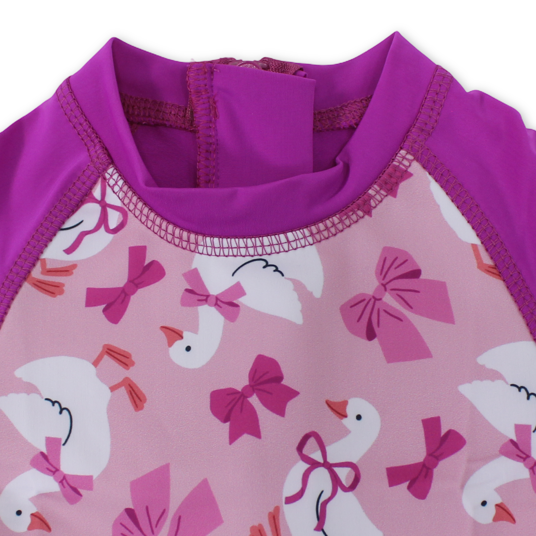 Baby Girls Sunsuit One-Piece – Fuchsia with Swans & Bow Print