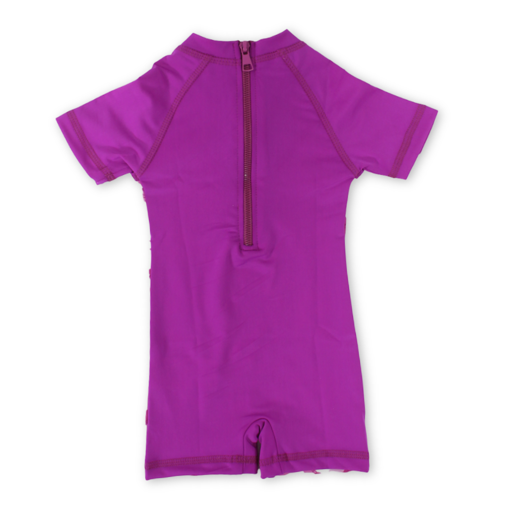 Baby Girls Sunsuit One-Piece – Fuchsia with Swans & Bow Print