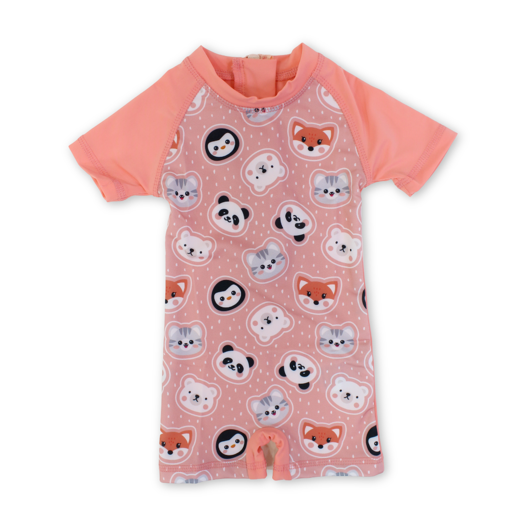 Baby Girls Sunsuit One-Piece – Salmon with Animals Print