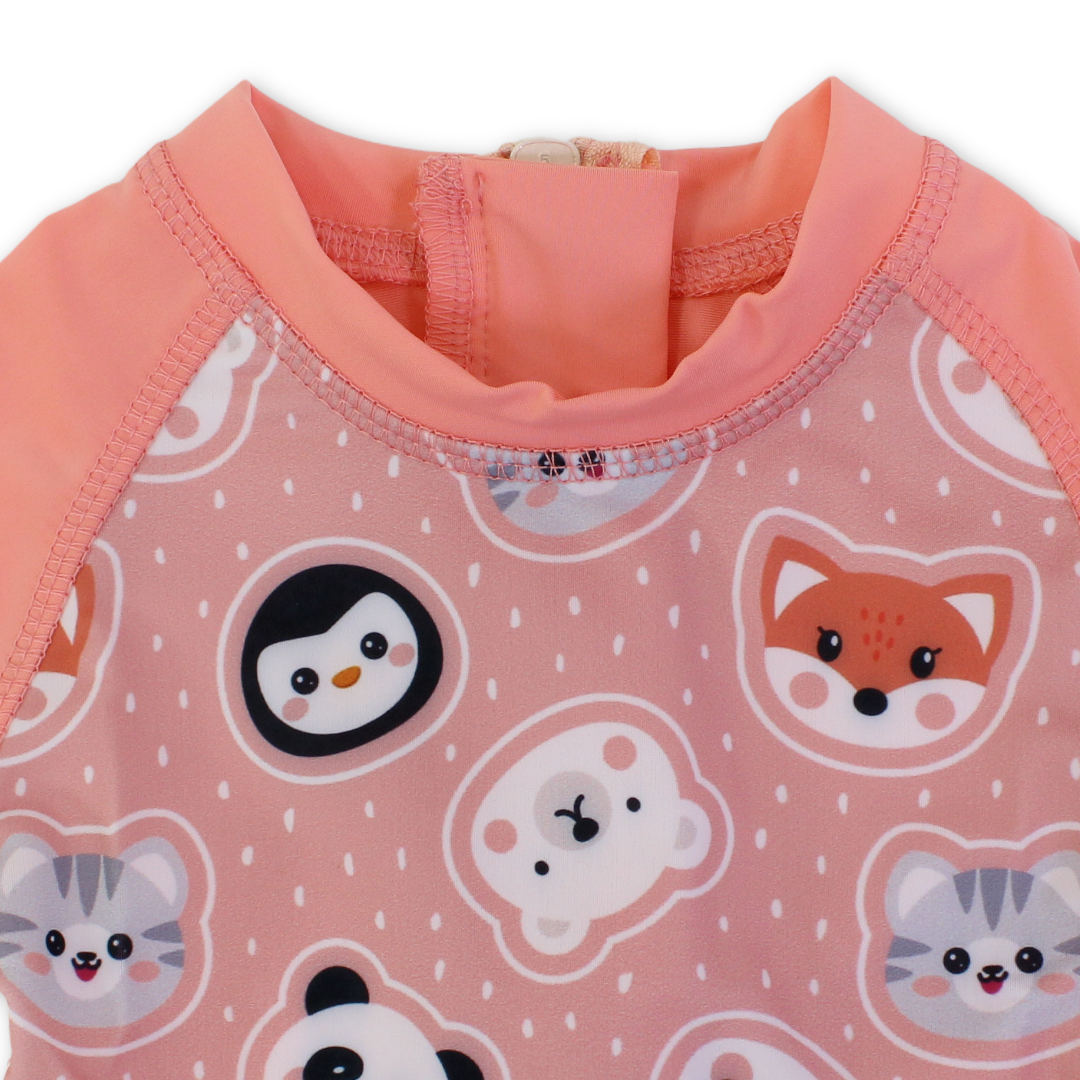 Baby Girls Sunsuit One-Piece – Salmon with Animals Print