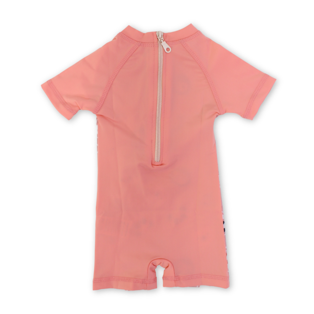 Baby Girls Sunsuit One-Piece – Salmon with Animals Print