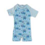 Baby Girls Sunsuit One-Piece – Aqua with Elephants Print