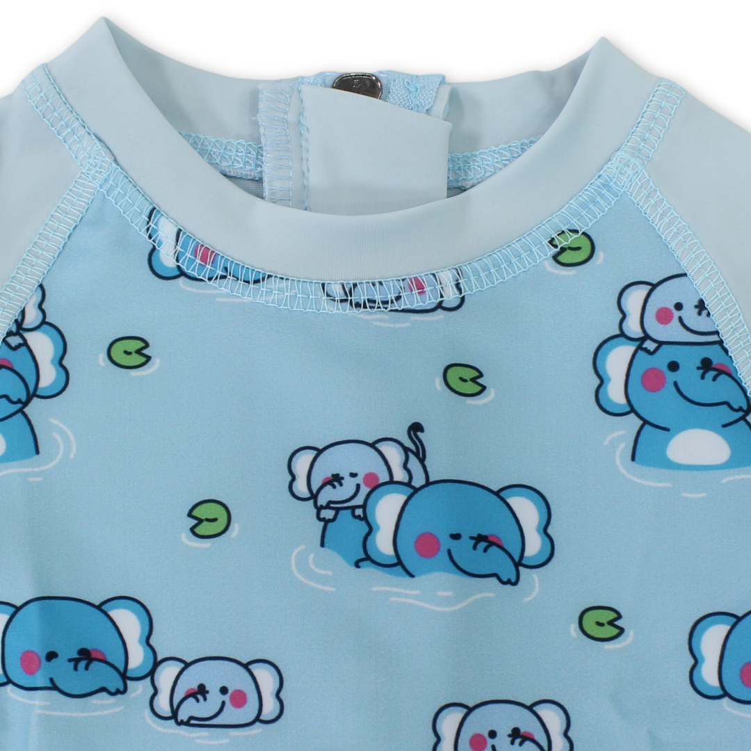 Baby Girls Sunsuit One-Piece – Aqua with Elephants Print