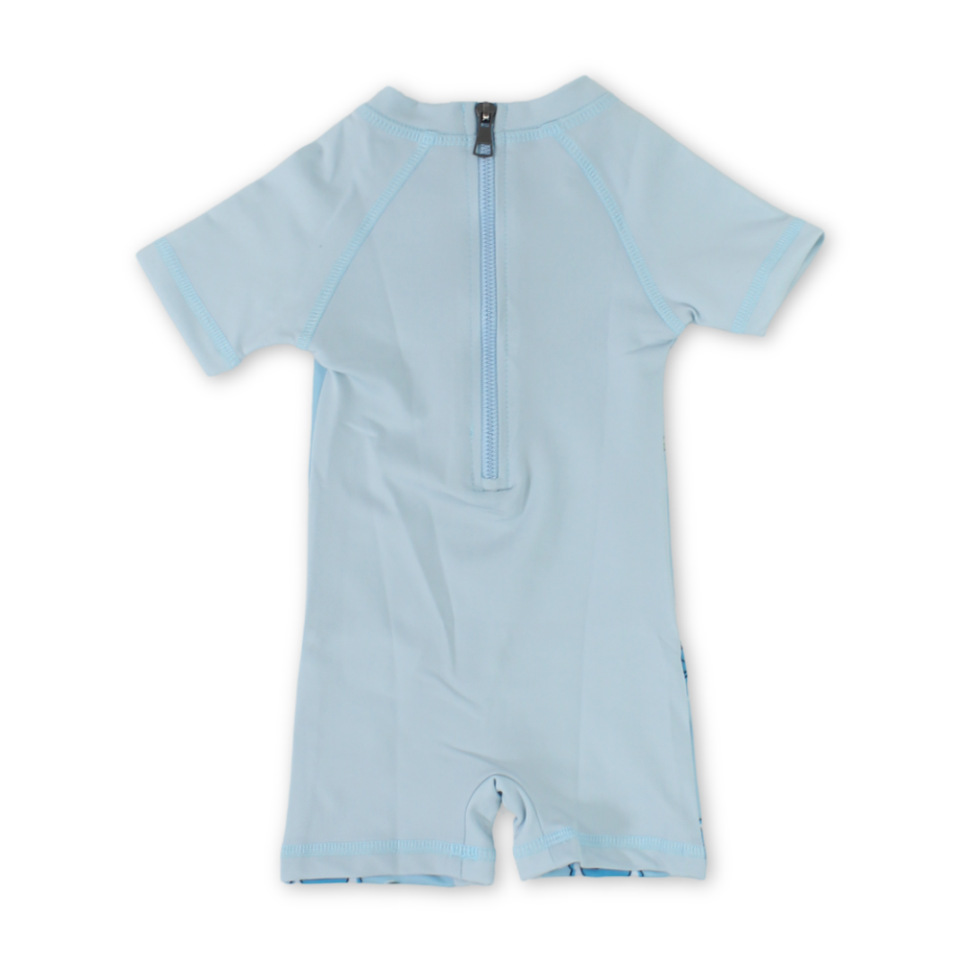 Baby Girls Sunsuit One-Piece – Aqua with Elephants Print