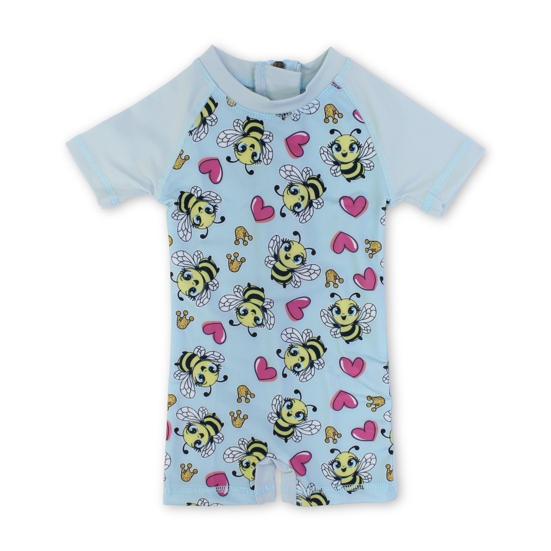 Baby Girls Sunsuit One-Piece – Aqua with Bee Print