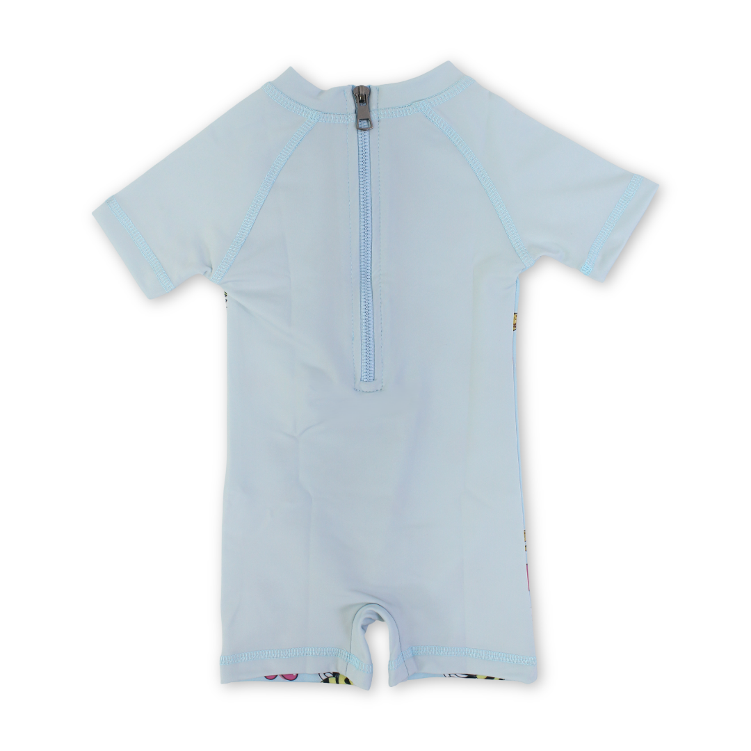 Baby Girls Sunsuit One-Piece – Aqua with Bee Print