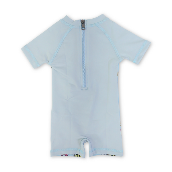 Baby Girls Sunsuit One-Piece – Aqua with Bee Print
