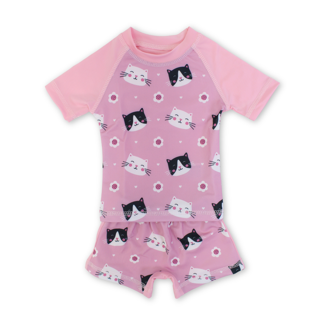 Baby Girls Rash Guard Set – Pink with Cat Print