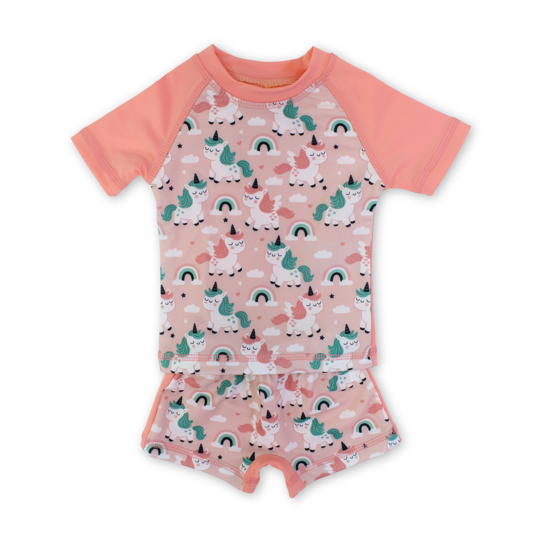 Baby Girls Rash Guard Set – Salmon with Unicorn Print