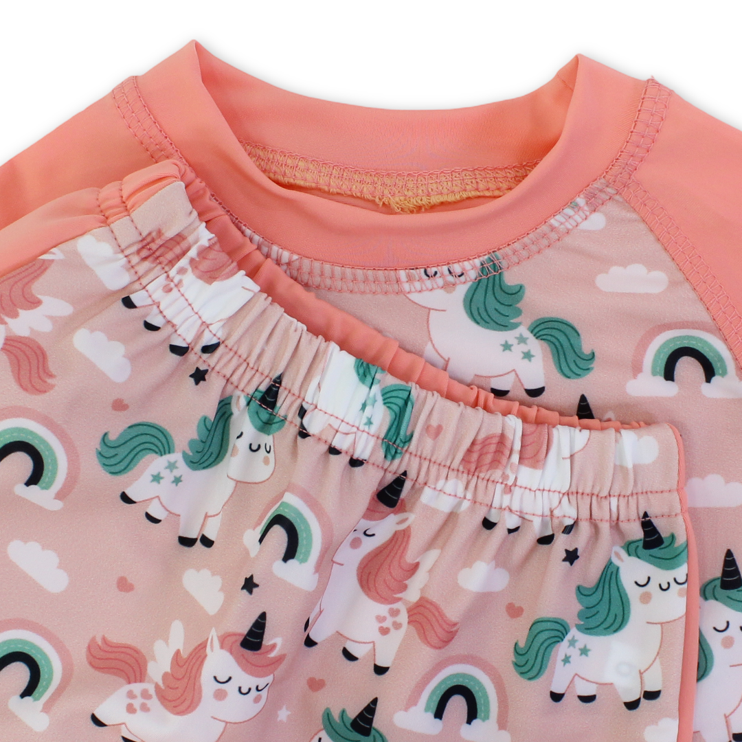 Baby Girls Rash Guard Set – Salmon with Unicorn Print