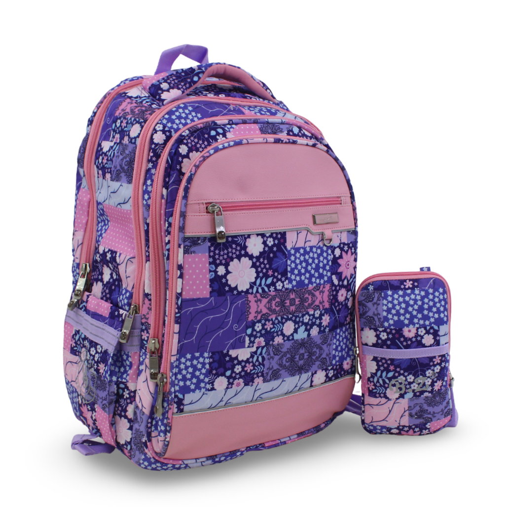 BZ Floral Backpack with Trolley Sleeve 20 Inches + Pencil Case – Purple
