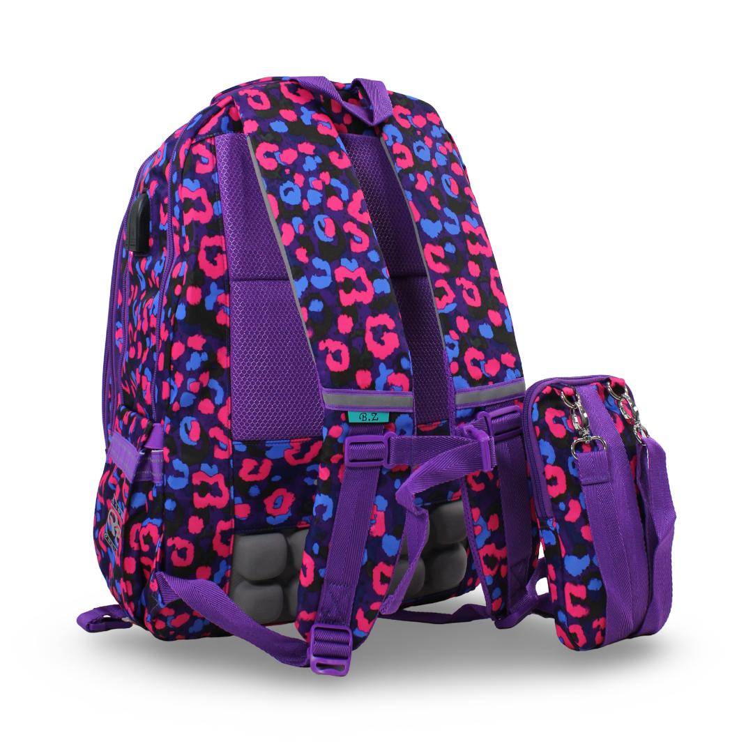 BZ Leopard Backpack 20 Inches with Trolley Sleeve + Pencil Case – Purple