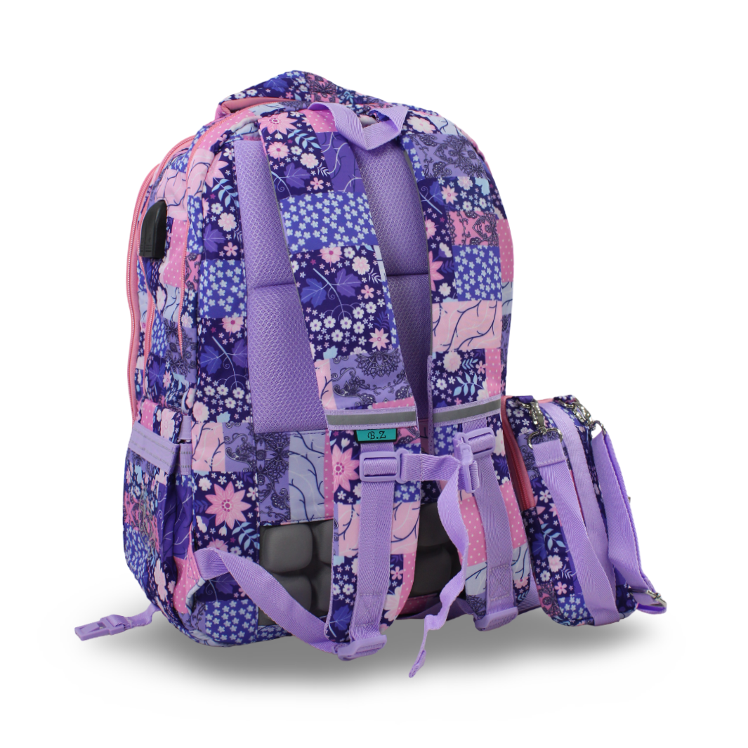 BZ Flowers Backpack 20 Inches with Trolley Sleeve + Pencil Case – Purple